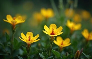 Obraz premium Yellow evening primrose flowers bloom in a garden during summer day. These plants have medicinal properties and produce oil. Soft focus background adds depth.