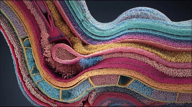 Colorful abstract anatomy cross section 3D render layered structure macro detail medical concept educational diagram complex texture organic pattern scientific art vibrant palette cellular biology