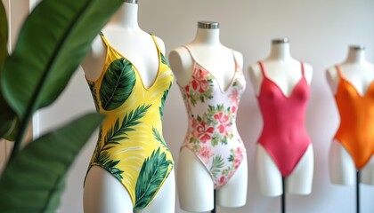 Fashionable swimsuits on mannequins in boutique shop. Various colorful swimsuits display style, design. Summer clothing collection presented at retail store. Female fashion items for beach, vacation.