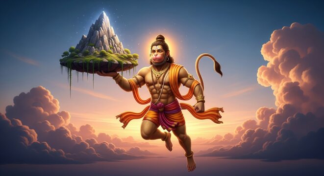 Hanuman Carrying Dronagiri Mountain. 3D Semi-Realistic Divine Artwork.