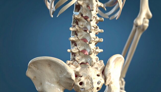 Posterior view of human skeleton with highlighted spine and translucent body for anatomical study.