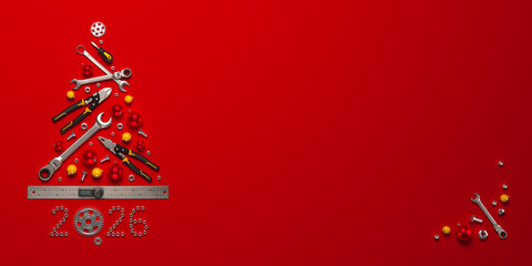 A symbolic Christmas tree made of construction tools. 2026 New Year greeting illustration. 3D render.