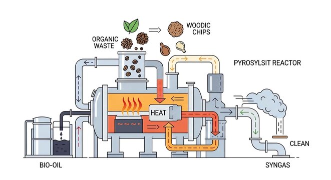 Diagram illustrating the pyrolysis process converting organic waste and wood chips into bio-oil and clean syngas using a reactor.