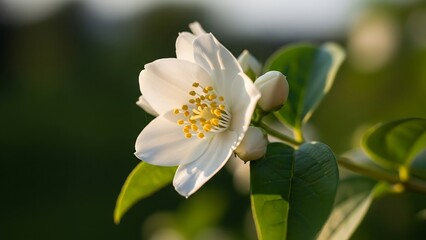 Obraz premium Close-up of a delicate white jasmine flower in bloom.