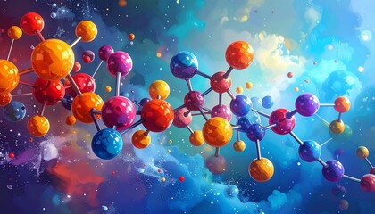 Artistic molecular chains glowing in a cosmic nebula of vibrant colors and scientific wonder.