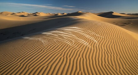Golden sand dunes stretch across the desert landscape under a clear blue sky, with windswept patterns creating a mesmerizing and tranquil scene