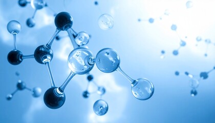 Futuristic molecular model with glossy blue atoms and rods on a soft abstract background.