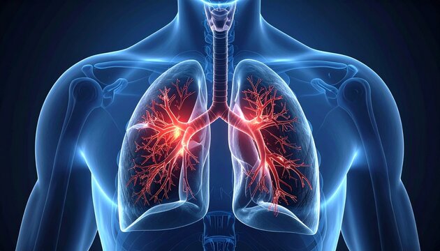 Digital illustration of glowing lungs and bronchial tree in a cosmic medical visualization.