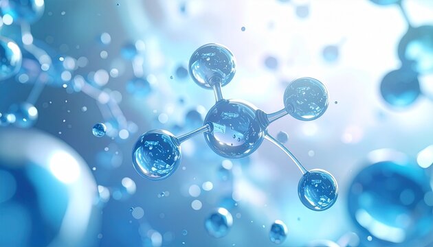 Futuristic molecular model with glossy blue atoms and rods on a soft abstract background.