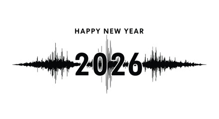 Happy New Year 2026 with an abstract sound wave graphic celebrating the future