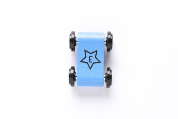 Simple wooden blue children's car on a white background