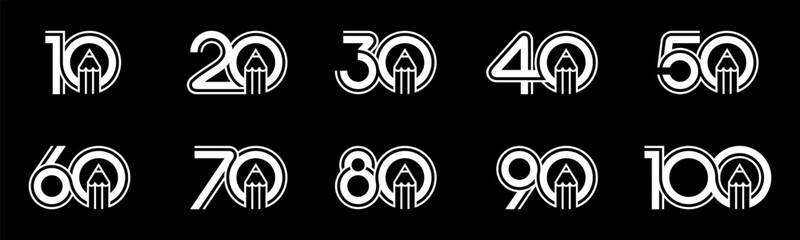 Set of collection numbers 10 to 100 with pencil elements vector illustration. Pencil elements with numbers 10, 20, 30, 40, 50, 60, 70, 80, 90, 100 for greetings, anniversaries and more.