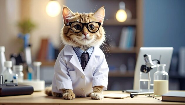 Whimsical cat scientist in lab coat surrounded by scientific gear in a playful research setting.