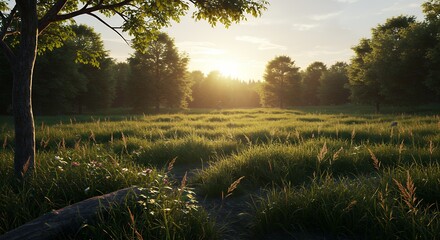Field Trees Sunset Nature Scene
