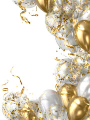 Golden and silver balloons with confetti and streamers for celebration