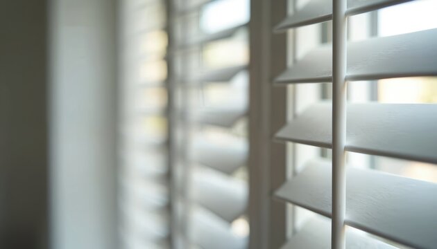 White plantation shutters on window, soft natural light filtering into room. Elegant interior design, modern home decor with adjustable blinds for privacy, brightness. Clean, minimalist style, simple
