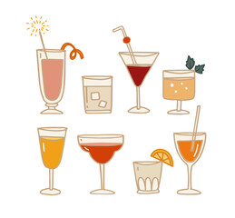 Cute hand-drawn cocktail drink illustrations. Set of doodle style alcoholic beverages. Wine, spritz, whiskey, champagne. Isolated fun vector elements for menus, bar. New Year, wedding birthday party i