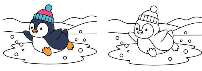 Cute Cartoon Penguin in Winter Hat Sliding on Ice - Playful Snowy Scene for Kids