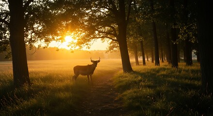 Deer Standing in Forest at Sunset