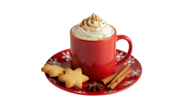 Festive red mug filled with creamy whipped topping and caramel drizzle accompanied by star shaped cookies and cinnamon sticks isolated on transparent background - Powered by Adobe