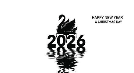 Obraz premium Elegant black swan atop bold 2026 numbers, symbolizing new beginnings and festive celebration with reflection.
