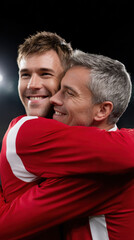 Fototapeta premium Happy teammates embrace soccer players red jersey celebration night stadium
