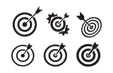 Dartboard with arrow hitting center icon set. target sign with arrow in bullseye symbol