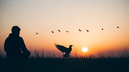 Silhouette of a Person Meditating at Sunset with Birds Flying.