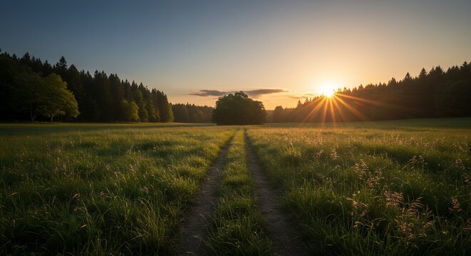 Sunset Over Field with Forest and Dirt Path