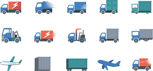Flat design transportation and logistics icon set featuring trucks, airplanes, forklifts, and containers for delivery, shipping, and cargo service illustration