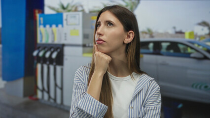 Young hispanic woman with hand on chin by fuel pump beside parked car at street petrol station  thinking. © Krakenimages.com