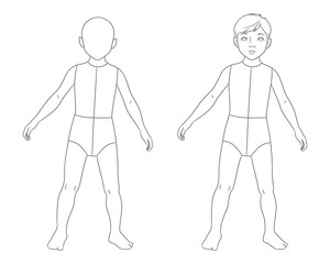 Vector fashion figure template of a 3–4-year-old child in front view. Ideal for kidswear design, technical drawings, flat sketches, apparel templates, and children’s clothing illustration.