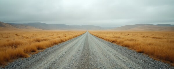 A lonely gravel road cuts through dry golden grass fields. The path leads to distant hazy hills under a gray cloudy sky, suggesting a solitary journey.