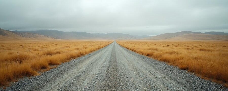 A lonely gravel road cuts through dry golden grass fields. The path leads to distant hazy hills under a gray cloudy sky, suggesting a solitary journey.