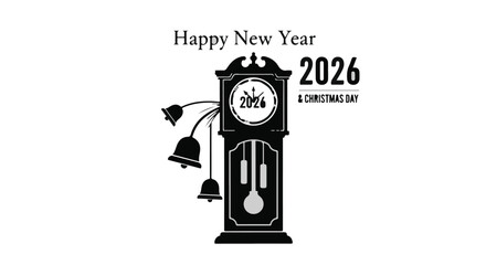 Festive grandfather clock striking midnight to welcome the New Year 2026 with joyful bells.