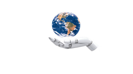 Fototapeta premium Robotic hand holding Earth, symbolizing artificial intelligence, technology, global connection, innovation, and futuristic progress with sense of hope and responsibility