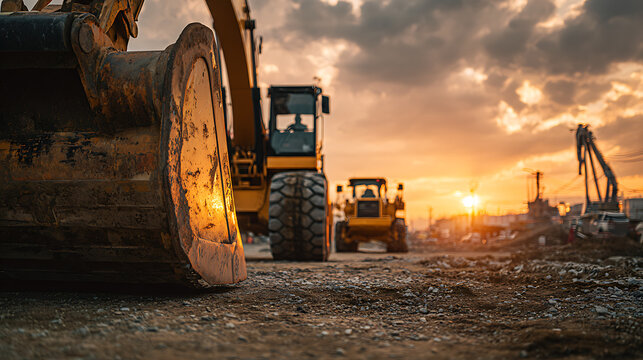 Heavy yellow excavators and loaders at construction site during sunset heavy machinery