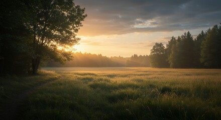 Sunrise Over a Grassy Meadow with Trees and a Path.