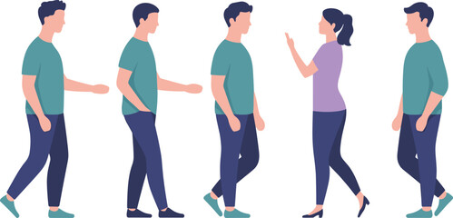 Flat illustration of diverse people standing and walking in various poses, modern casual clothing, group human character design