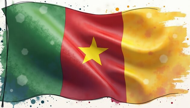 Cameroonian flag banner in wavy motion. Watercolor style illustration. Paintbrush form or spilled paint form on light background. Flag of Cameroon. Patriotism, national and independence day