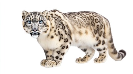 Obraz premium Majestic snow leopard standing, white background, wildlife photography, zoo animal