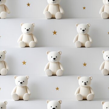 Motif sans couture avec oursons blancs et &eacute;toiles dor&eacute;es sur fond blanc cass&eacute;. Style scandinave minimaliste. Generated image. 