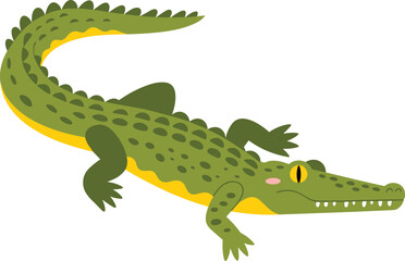 Flat minimalist illustration of crocodile in green color, wildlife animal design, reptile drawing, nature species, cartoon alligator concept