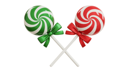 Two swirled lollipops with ribbons in festive red and green colors isolated on transparent background