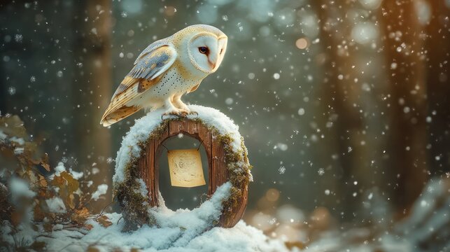 Snowy owl perched on winter woodland post, snowfall background; nature scene