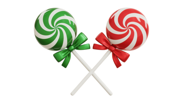 Two swirled lollipops with ribbons in festive red and green colors isolated on transparent background