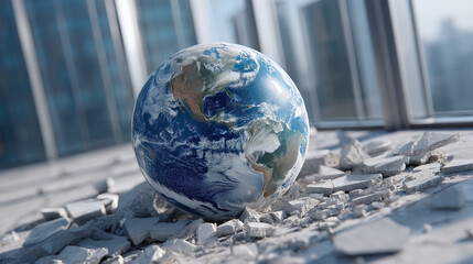 Planet Earth reflected in shattered skyscraper windows, resting on cracked concrete floor, symbolizing environmental impact and urban fragility, with dramatic and thought provoking mood