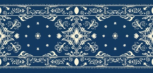 Seamless indigo floral bandana pattern. Ornate cream border design. Fabric edge trim with paisley motifs. Textile ethnic boho style background.