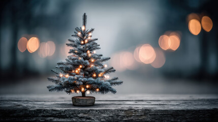 Festive Christmas tree with fairy lights on bokeh lights background