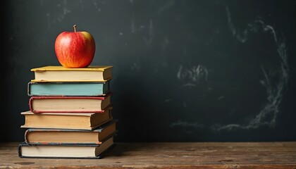 A red apple on a stack of old books on a vintage wooden desk. An empty classroom chalkboard background offers copy space. Back to school concept represents study, education, learning and knowledge.